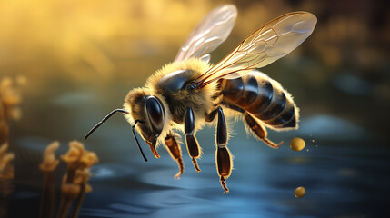 A mesmerizing bee gracefully navigating through the air, its delicate wings glimmering in the sunlight 