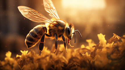 A mesmerizing bee gracefully navigating through the air, its delicate wings glimmering in the sunlight