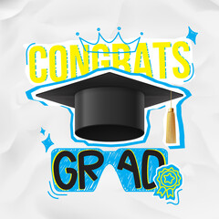 Vector banner of graduation ceremony. Vector collage with graduation cap and doodles on crumpled paper. Graduation collage for decoration social media, poster, degree ceremony.