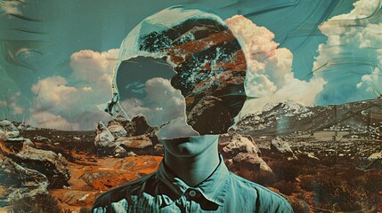 Surreal collage, androgynous non-binary person, 40 years old, melted face. Muted colors, soviet brutalism, natural landscapes. Dreamlike atmosphere. Featuring surreal elements mixed