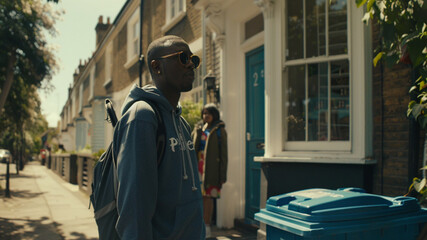 cinematic shot from opposite house, looking across the street, 28 year old black man with no beard...