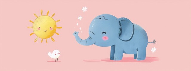An adorable blue elephant, a cheerful sun, and a tiny bird bask in the warmth of a rosy sky, evoking a sense of joy and tranquility in a whimsical digital painting.