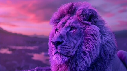 Lion in the savanna at sunset in purple colors, digital art - obrazy, fototapety, plakaty