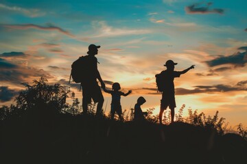 Silhouettes of a family on a trip, bonding under sunset