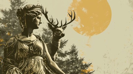 Artemis in Greek religion is the goddess of wild animals, the hunt, vegetation,chastity and childbirth. Artemis was the daughter of Zeus and Leto and the twin sister of Apollo - obrazy, fototapety, plakaty