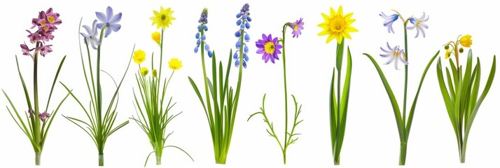 Fototapeta na wymiar A vibrant selection of meadow flowers isolated on a white background. This image showcases colorful and diverse flora, perfect for botanical themes.