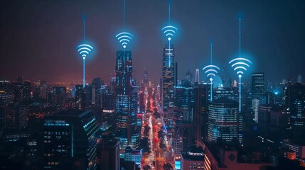 Smart city with Wi-Fi connectivity and urban skyline at night. Advanced technology for internet access and urban networking.