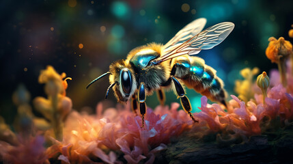 A solitary bee suspended in mid-air, its iridescent body reflecting the vibrant colors of the surrounding flora 