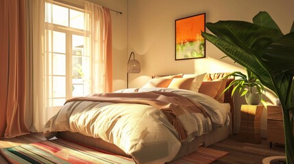 Cozy bedroom with a comfy bed, bedside table, and a lush plant that adds a touch of nature.