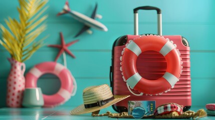 Suitcases with inflatable ring, passport and beach accessories on blue background. Summer vacation concept --ar 16:9 Job ID: e1c070a1-30e7-4ecd-9944-e7aeb5614797