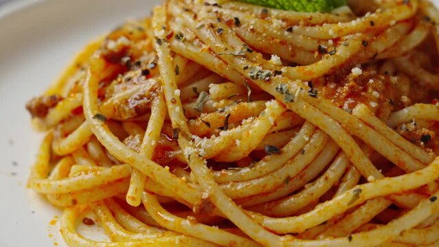 close up of traditional pasta spaghetti in plate.
