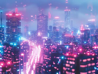 Fototapeta premium Cyberpunk city skyline pink blue neon lights futuristic aesthetic night scene. 