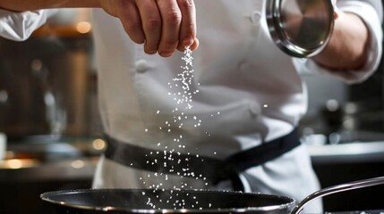 side view of male chef adding salt in frying pan - Powered by Adobe