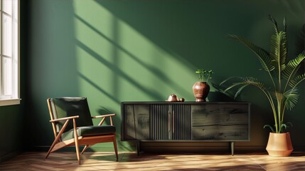 Retro Minimalist Living Room Interior With Green Walls And Wooden Details