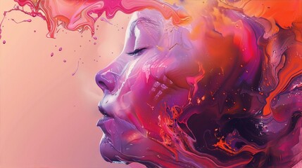 Abstract female face vibrant pink orange paint splash artistic dreamy feminine spring
