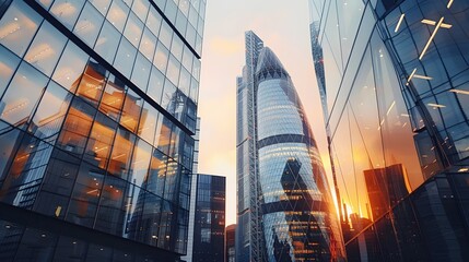 In the financial district, modern office buildings present an abstract panorama.