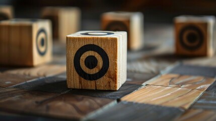Visualize goals using a virtual target board printed on wooden cubes. It represents setting achievable objectives and working towards business success.