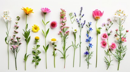 A vibrant collection of spring flowers, neatly arranged and isolated on a white background. Perfect for projects about botany, gardening, and nature.