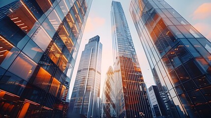 In the financial district, modern office buildings present an abstract panorama.