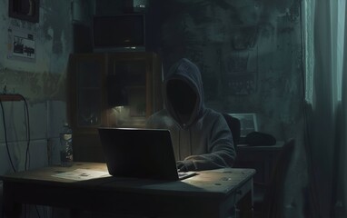 A dark figure in a hoodie sits at a desk in a dimly lit room, lit only by the glow of a laptop screen,hacking into a secret database.