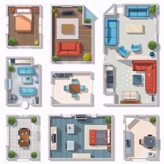 Isometric view of a house interior, showing the layout of the rooms and furniture in a modern, colorful, and minimalist style.