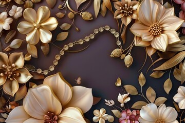 mural illustration background with golden jewelry and flowers, decorative wallpaper. Generative AI