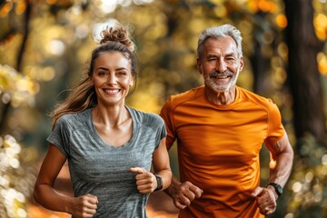 Happy Elderly Man and Young Woman Enjoying a Joyful Run Together in the Beautiful Autumn Park