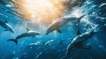 Fototapeta premium Underwater dolphins swimming joyfully blue grey ocean wildlife nature summer freedom. 
