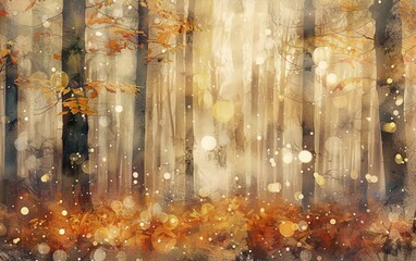 Naklejka premium _Mystical sun rays filtering through a magical autumn forest of yellow and orange trees with a soft blurry background in a digital art style._