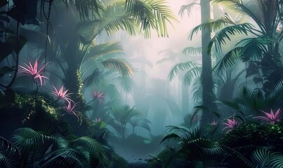 tropical trees and leaves wallpaper design in foggy forest - 3D illustration, Generative AI