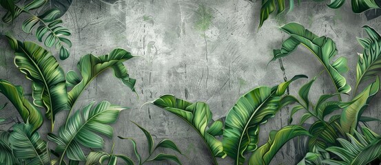Tropical leaves on a gray background. Photo wallpaper with leaves. Fresco for the interior. Wall decor in grunge style. Painted green leaves. Photo wallpapers, Generative AI
