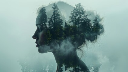 Enchanting Forest Serenity Reflected in Double Exposure of Woman's Head