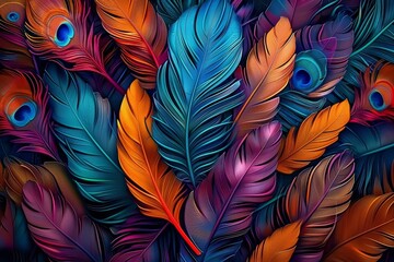 Colorful feathers leave on the living wall 3d abstraction wallpaper.Abstract seamless pattern peacock feathers background.Multicolor feather above on hanging wall interior mural painting,Generative AI