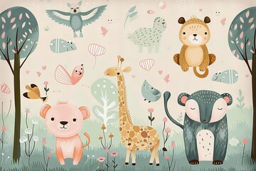 Kids room wallpaper with animals and pastel colors. Generative AI