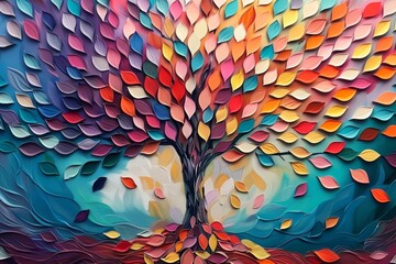 Colorful tree with multicolor leaves illustration background. 3d abstraction wallpaper for interior mural wall art decor, Generative AI