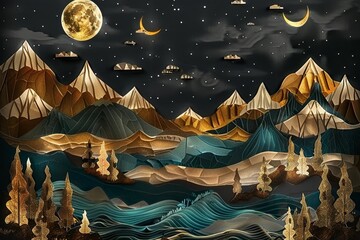 A modern mural wallpaper depicts a night landscape of colorful mountains, golden moon, trees, and waves on a dark black background. Generative AI