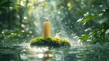 A bottle of lotion is sitting on a mossy rock in a pond