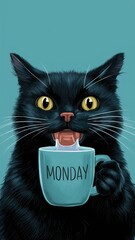 black cat drinking tea from a cup marked Monday. vertical story size