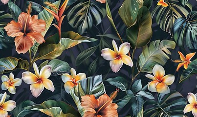 tropical seamless pattern with exotic leaves strelitzia flowers hibiscus and plumeria vintage texture floral background dark watercolor 3d illustration for luxury wallpapers, Generative AI