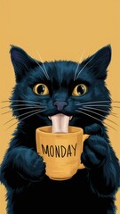 black cat drinking tea from a cup marked Monday. vertical story size