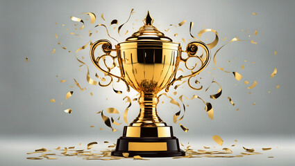 Champion trophy, shiny golden cup and falling confetti realistic vector concept generative ai image