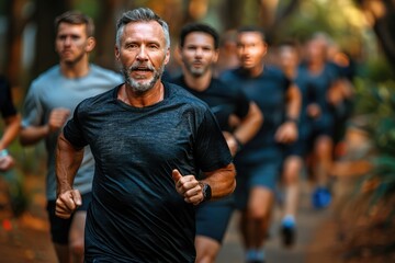 Group of athletic men participating in a challenging race through a lush forest trail.