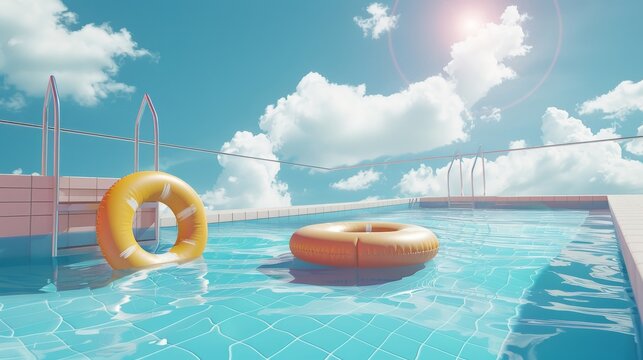 A pool with a red inflatable ring floating on the water
