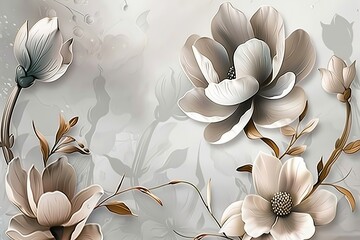 3d mural wallpaper with simple floral painting light gray background. generate ai, Generative AI