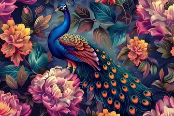 Seamless Floral Leather and Peacock Wallpaper - Exotic Oriental Design for Interior Mural Decor, Generative AI