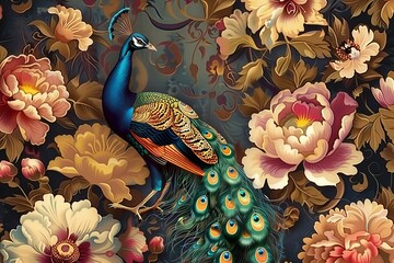 Seamless Floral Leather and Peacock Wallpaper - Exotic Oriental Design for Interior Mural Decor, Generative AI