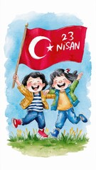 Joyful Turkish children celebrate the 23rd of April. Turkish children celebrating Children's Day watercolor style