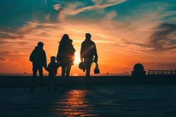 Silhouettes of a family on a trip, bonding under sunset