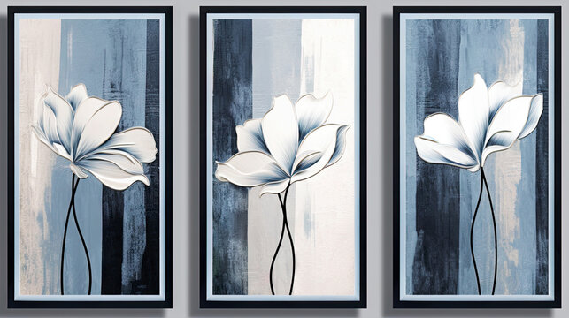 A set of three abstract floral art posters with blue and gray colors.