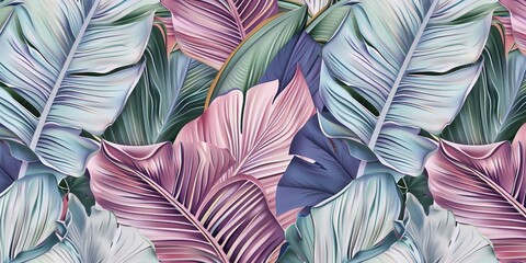 Exotic luxury seamless pattern with pastel color banana leaves, palm, colocasia. Hand-drawn 3D illustration. Vintage glamorous art design. Good for wallpapers, cloth, fabric printing, Generative AI - obrazy, fototapety, plakaty